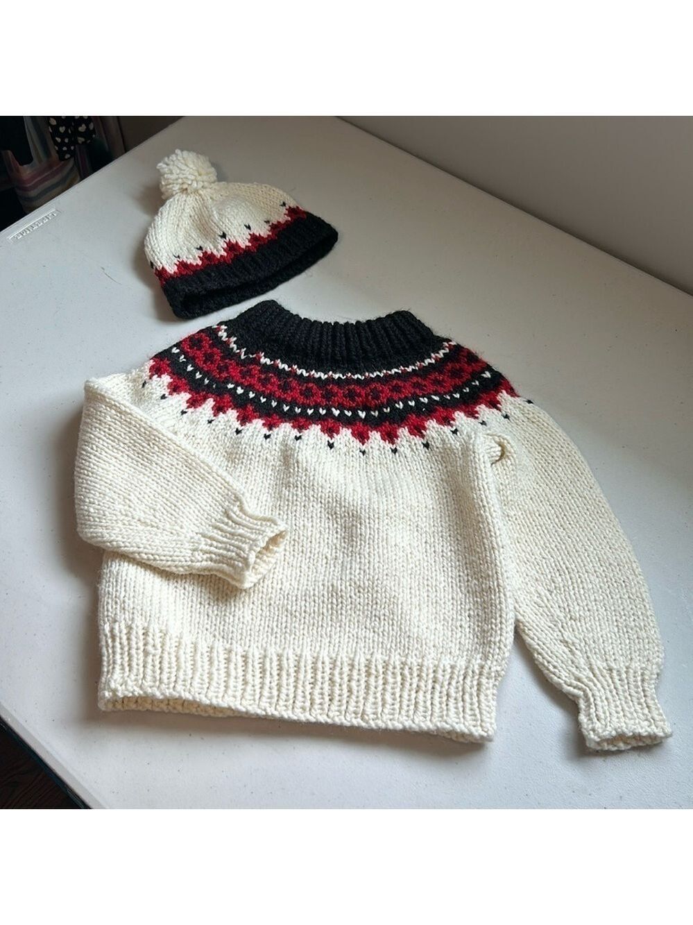 Handmade Kids Fair Isle Fisherman Winter Cozy Sweater And Hat Set